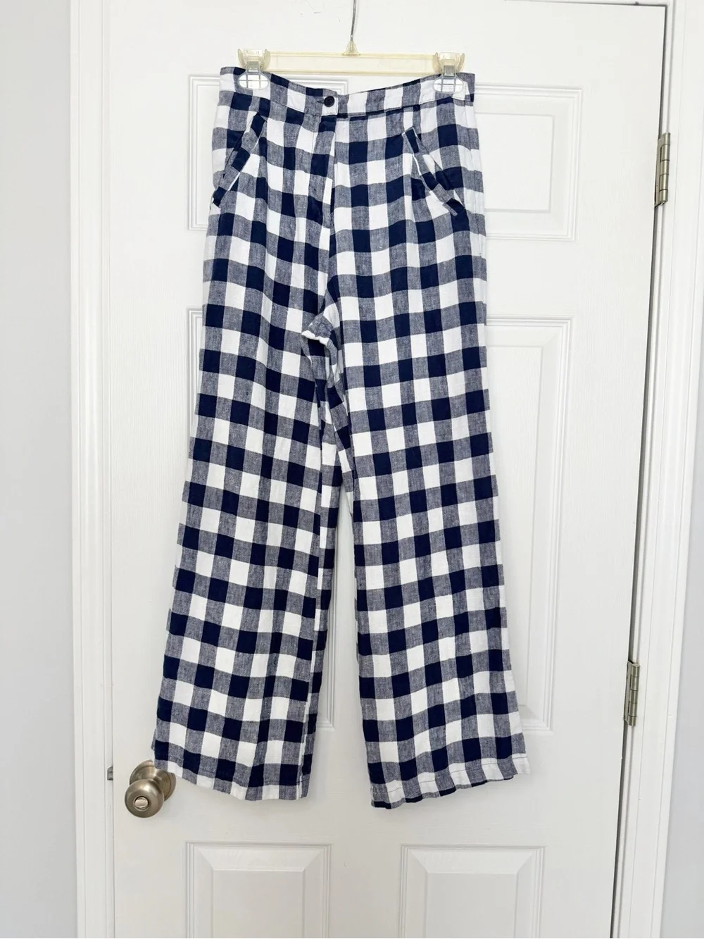 Reformation Size 2 • Linen Blue Plaid High Waist Pants Trousers.